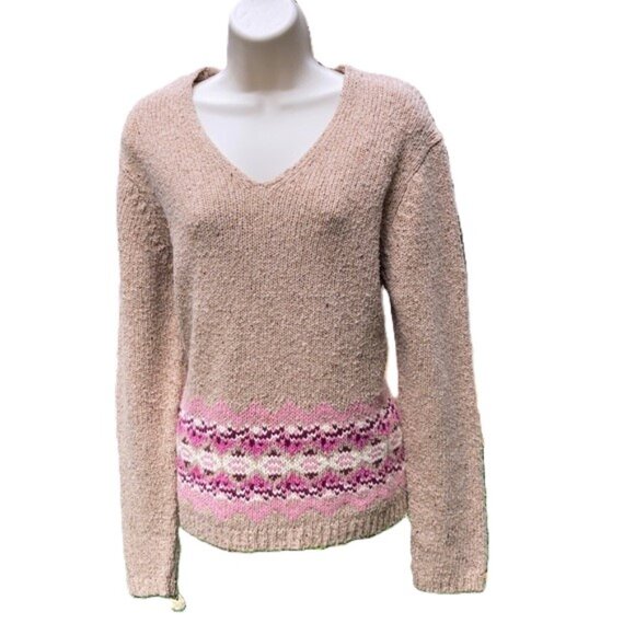 LOFT Ann Taylor WOOL Blend Cozy Knit Sweater Beige Pink White Size Large - Picture 1 of 11